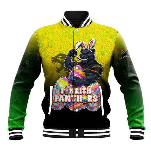Personalized Penrith Panthers Baseball Jacket Easter Mascot - Colorful Eggs Cartoon Style