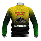 Personalized Penrith Panthers Baseball Jacket Easter Mascot - Colorful Eggs Cartoon Style