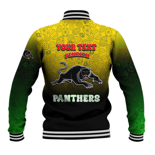 Personalized Penrith Panthers Baseball Jacket Easter Mascot - Colorful Eggs Cartoon Style