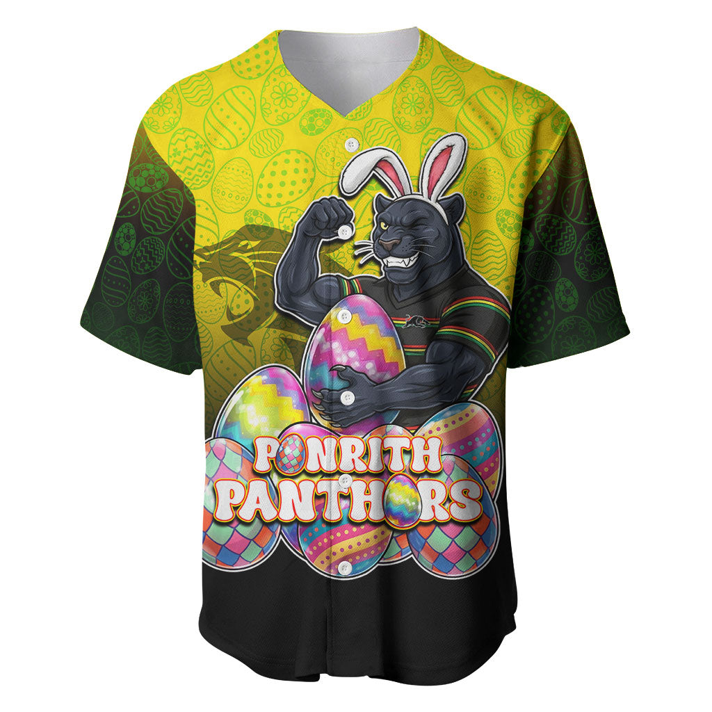 Personalized Penrith Panthers Baseball Jersey Easter Mascot - Colorful Eggs Cartoon Style