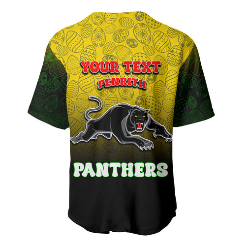 Personalized Penrith Panthers Baseball Jersey Easter Mascot - Colorful Eggs Cartoon Style