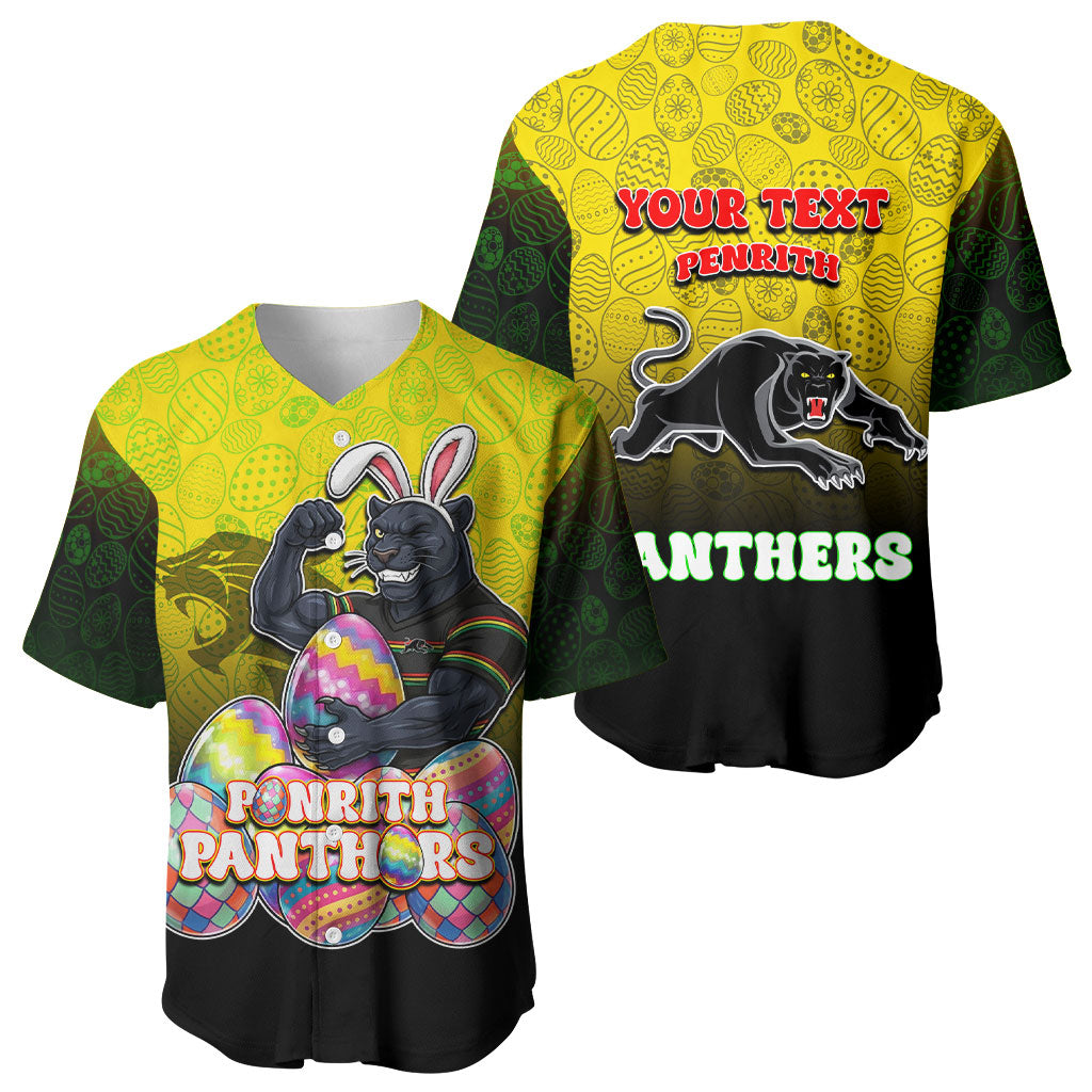 Personalized Penrith Panthers Baseball Jersey Easter Mascot - Colorful Eggs Cartoon Style