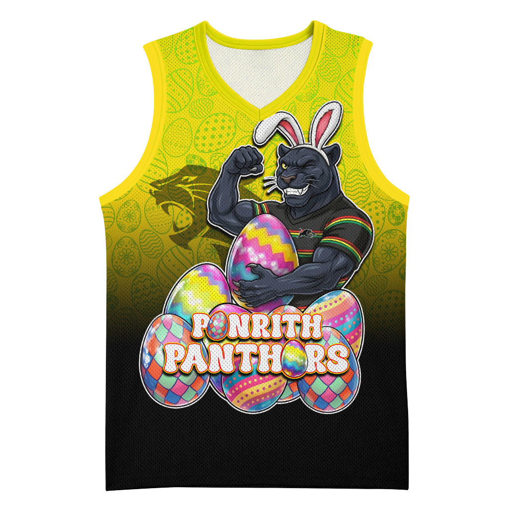 Personalized Penrith Panthers Basketball Jersey Easter Mascot - Colorful Eggs Cartoon Style