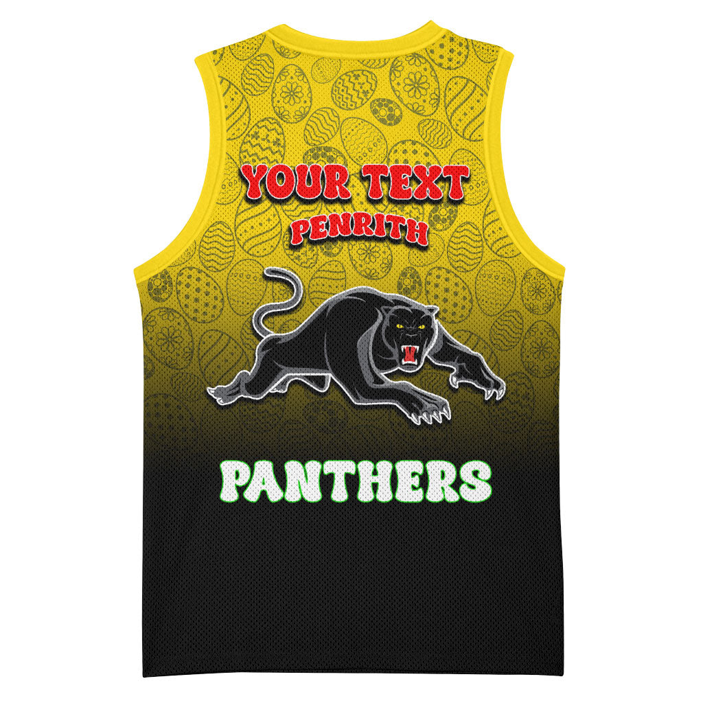 Personalized Penrith Panthers Basketball Jersey Easter Mascot - Colorful Eggs Cartoon Style