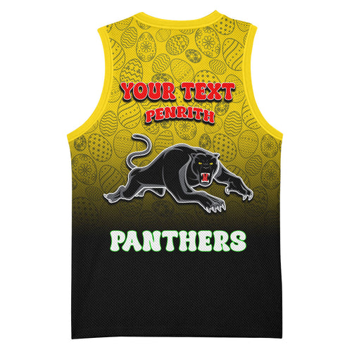 Personalized Penrith Panthers Basketball Jersey Easter Mascot - Colorful Eggs Cartoon Style