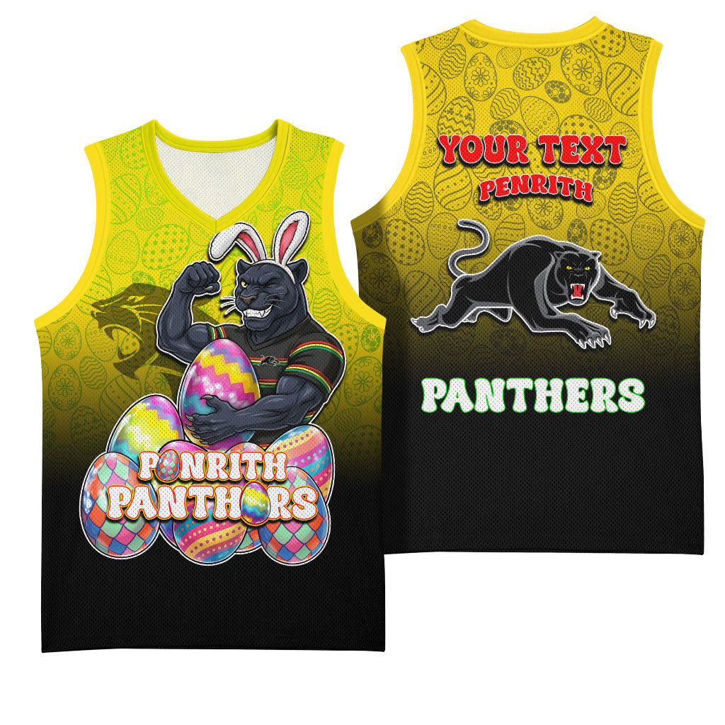 Personalized Penrith Panthers Basketball Jersey Easter Mascot - Colorful Eggs Cartoon Style