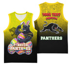 Personalized Penrith Panthers Basketball Jersey Easter Mascot - Colorful Eggs Cartoon Style
