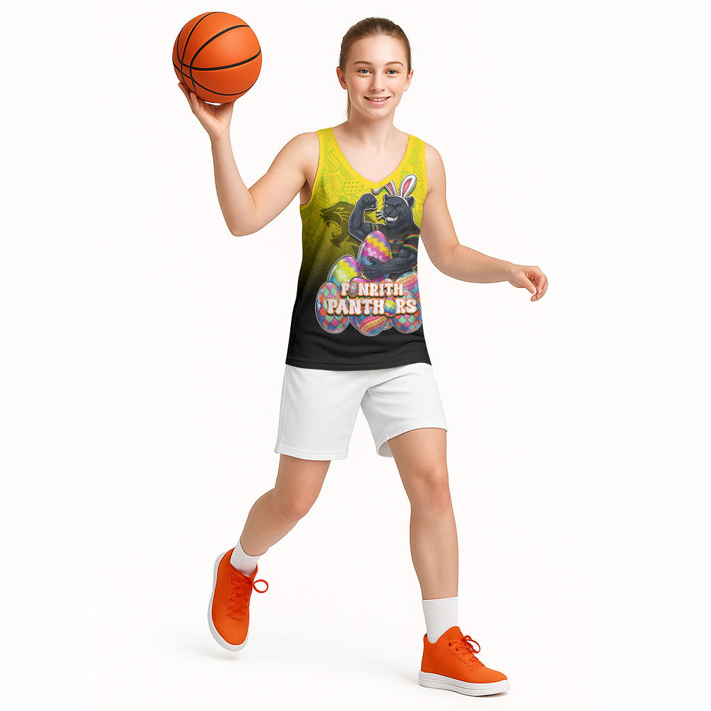 Personalized Penrith Panthers Basketball Jersey Easter Mascot - Colorful Eggs Cartoon Style