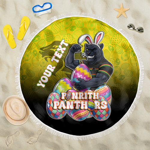 Personalized Penrith Panthers Beach Blanket Easter Mascot - Colorful Eggs Cartoon Style
