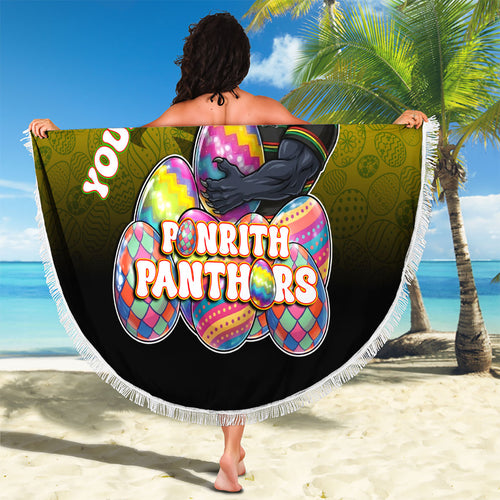 Personalized Penrith Panthers Beach Blanket Easter Mascot - Colorful Eggs Cartoon Style