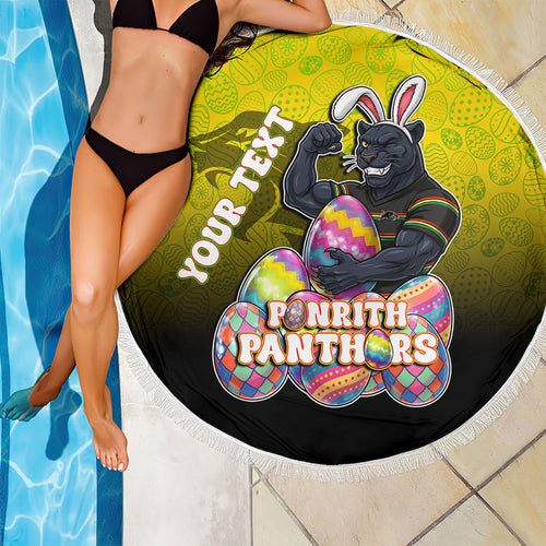 Personalized Penrith Panthers Beach Blanket Easter Mascot - Colorful Eggs Cartoon Style