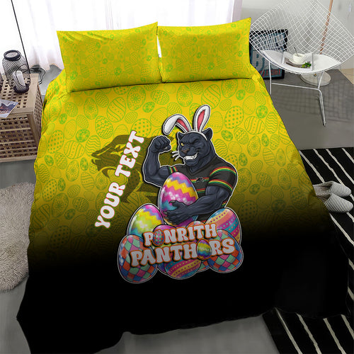 Personalized Penrith Panthers Bedding Set Easter Mascot - Colorful Eggs Cartoon Style