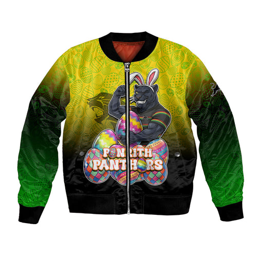 Personalized Penrith Panthers Bomber Jacket Easter Mascot - Colorful Eggs Cartoon Style