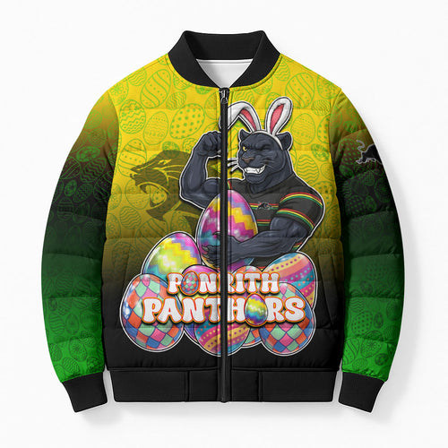 Personalized Penrith Panthers Bomber Puffer Jacket Easter Mascot - Colorful Eggs Cartoon Style