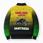 Personalized Penrith Panthers Bomber Puffer Jacket Easter Mascot - Colorful Eggs Cartoon Style
