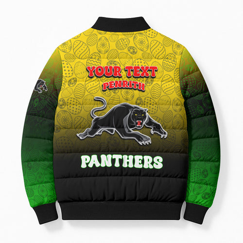 Personalized Penrith Panthers Bomber Puffer Jacket Easter Mascot - Colorful Eggs Cartoon Style