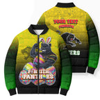 Personalized Penrith Panthers Bomber Puffer Jacket Easter Mascot - Colorful Eggs Cartoon Style