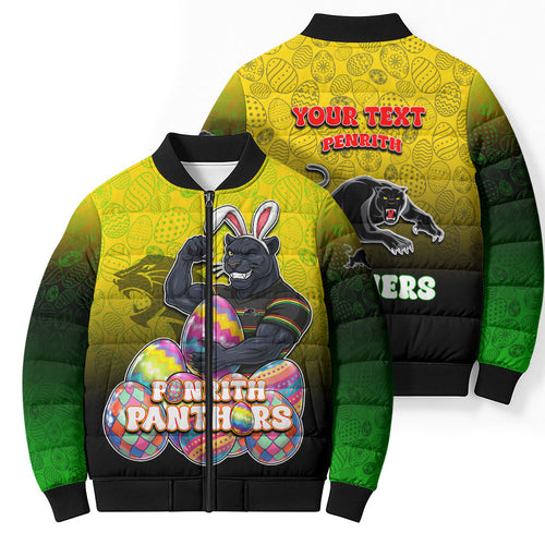 Personalized Penrith Panthers Bomber Puffer Jacket Easter Mascot - Colorful Eggs Cartoon Style