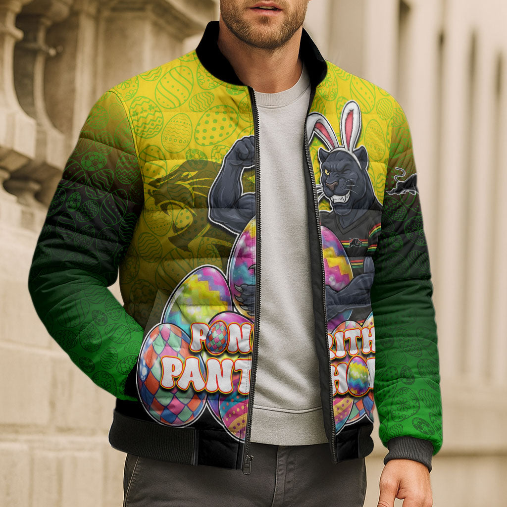 Personalized Penrith Panthers Bomber Puffer Jacket Easter Mascot - Colorful Eggs Cartoon Style