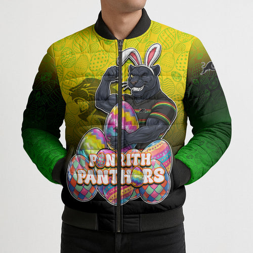 Personalized Penrith Panthers Bomber Puffer Jacket Easter Mascot - Colorful Eggs Cartoon Style