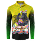 Personalized Penrith Panthers Button Sweatshirt Easter Mascot - Colorful Eggs Cartoon Style