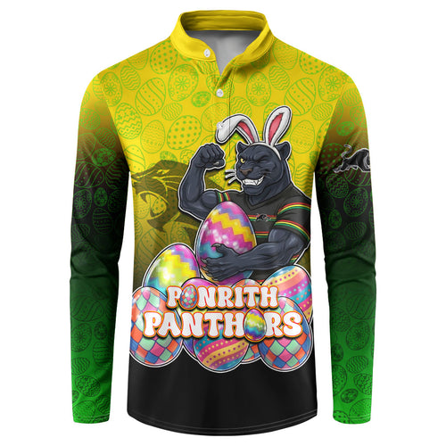 Personalized Penrith Panthers Button Sweatshirt Easter Mascot - Colorful Eggs Cartoon Style