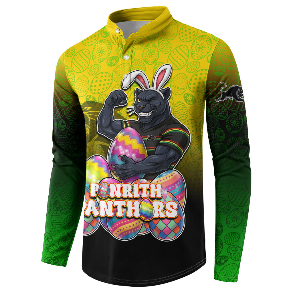 Personalized Penrith Panthers Button Sweatshirt Easter Mascot - Colorful Eggs Cartoon Style