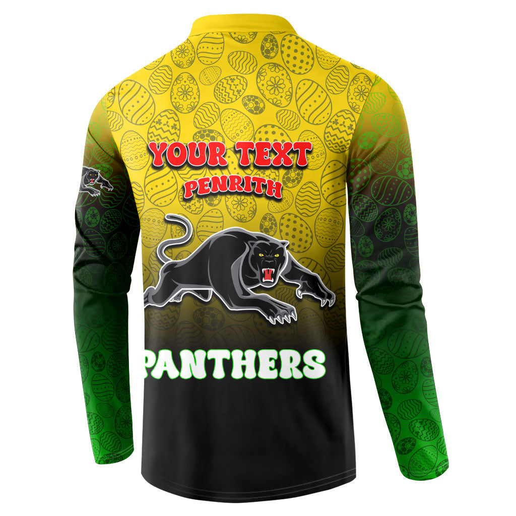 Personalized Penrith Panthers Button Sweatshirt Easter Mascot - Colorful Eggs Cartoon Style