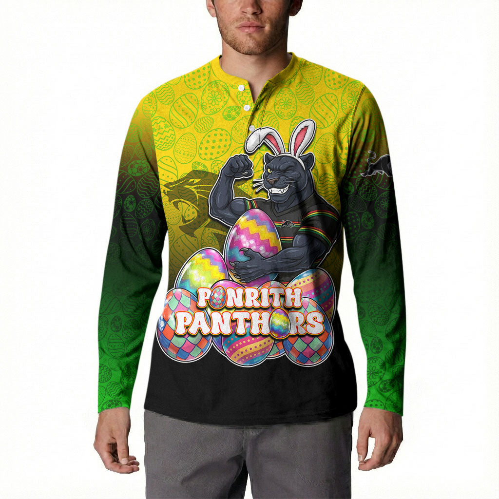 Personalized Penrith Panthers Button Sweatshirt Easter Mascot - Colorful Eggs Cartoon Style