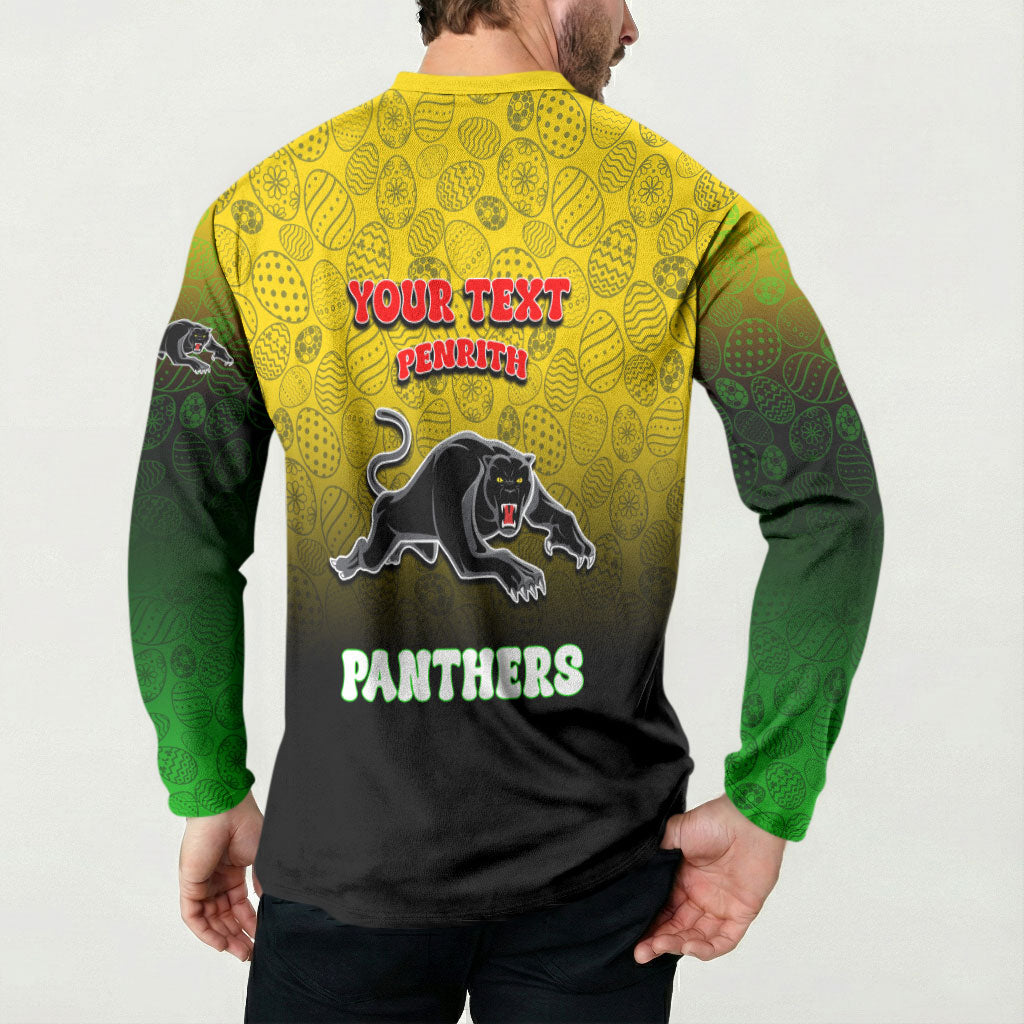 Personalized Penrith Panthers Button Sweatshirt Easter Mascot - Colorful Eggs Cartoon Style