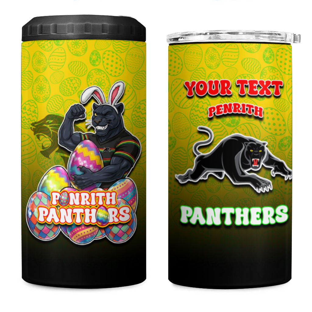 Personalized Penrith Panthers 4 in 1 Can Cooler Tumbler Easter Mascot - Colorful Eggs Cartoon Style