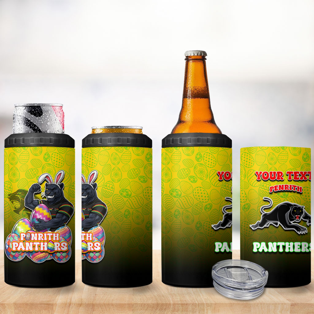 Personalized Penrith Panthers 4 in 1 Can Cooler Tumbler Easter Mascot - Colorful Eggs Cartoon Style