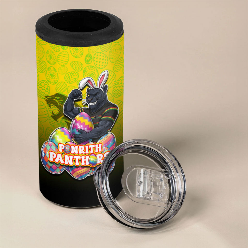 Personalized Penrith Panthers 4 in 1 Can Cooler Tumbler Easter Mascot - Colorful Eggs Cartoon Style