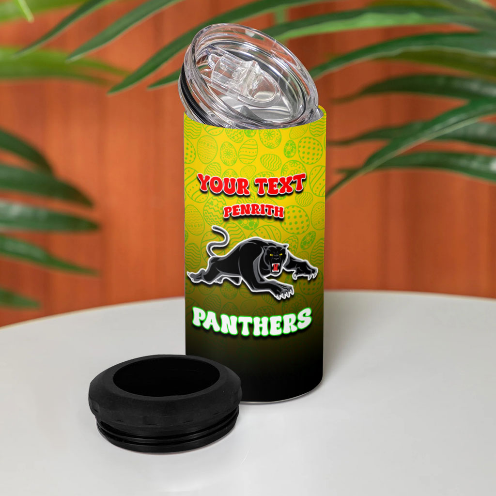 Personalized Penrith Panthers 4 in 1 Can Cooler Tumbler Easter Mascot - Colorful Eggs Cartoon Style
