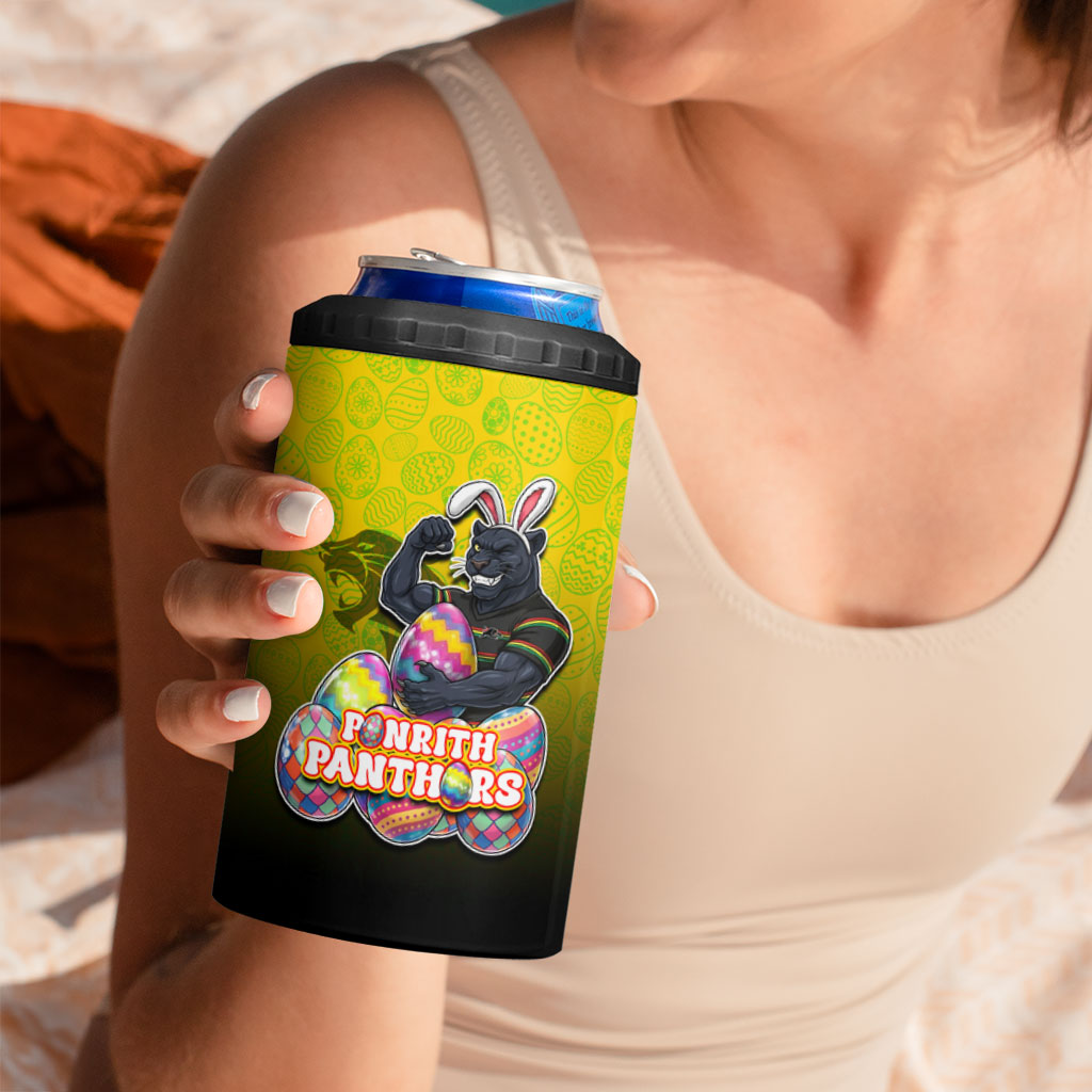 Personalized Penrith Panthers 4 in 1 Can Cooler Tumbler Easter Mascot - Colorful Eggs Cartoon Style