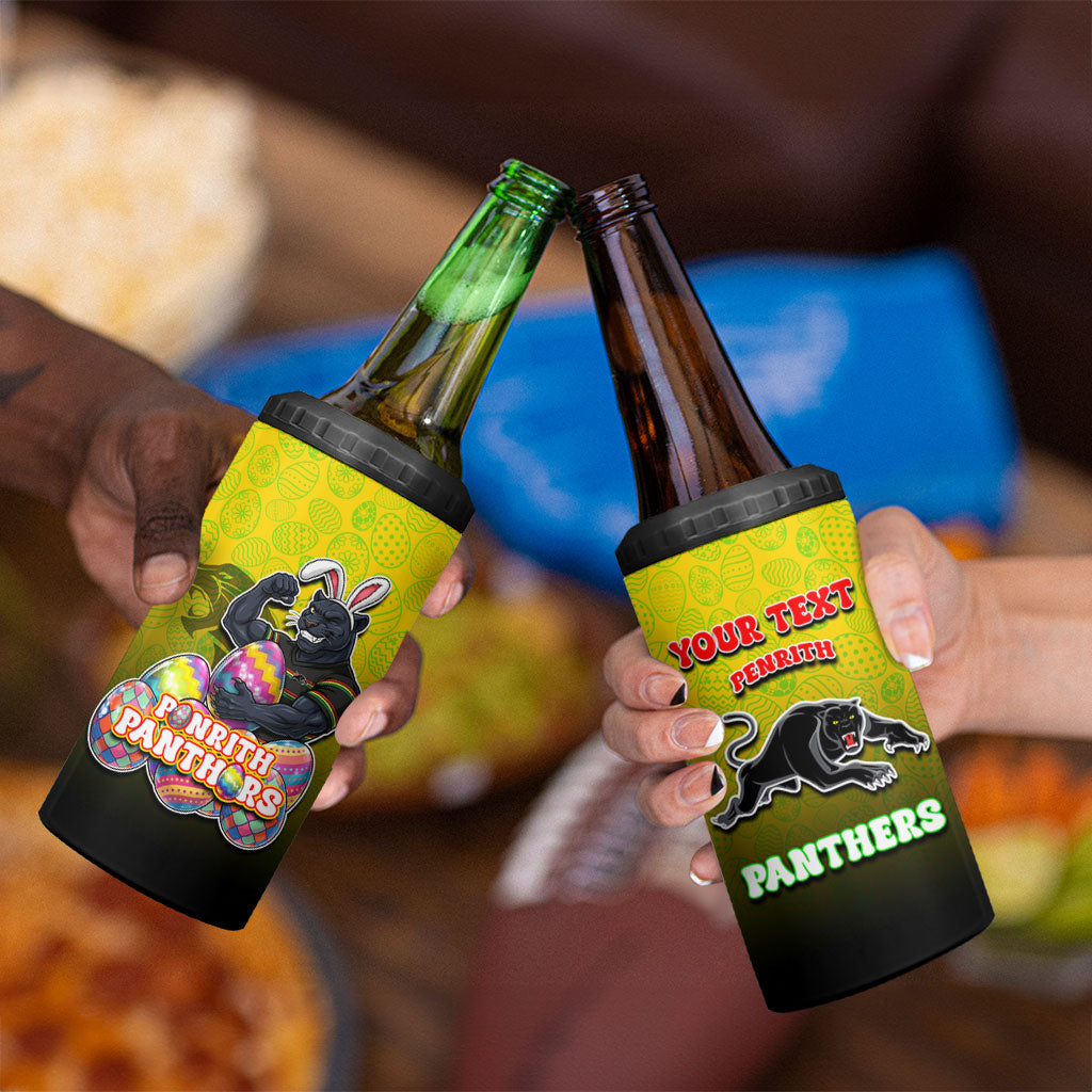 Personalized Penrith Panthers 4 in 1 Can Cooler Tumbler Easter Mascot - Colorful Eggs Cartoon Style