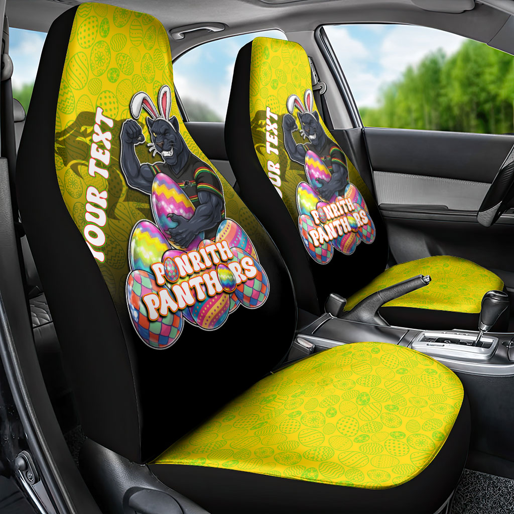 Personalized Penrith Panthers Car Seat Cover Easter Mascot - Colorful Eggs Cartoon Style