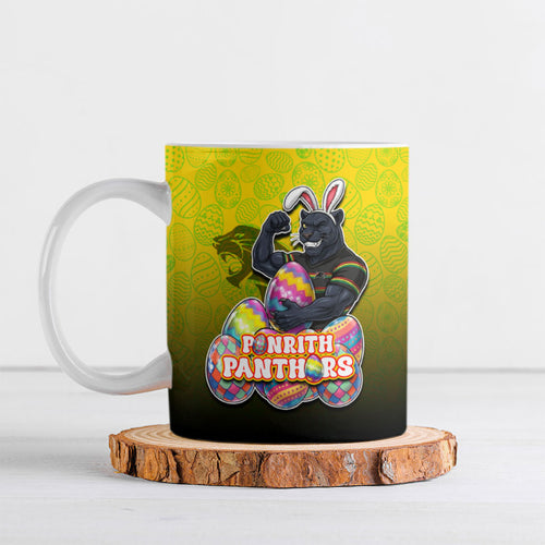 Personalized Penrith Panthers Ceramic Mug Easter Mascot - Colorful Eggs Cartoon Style