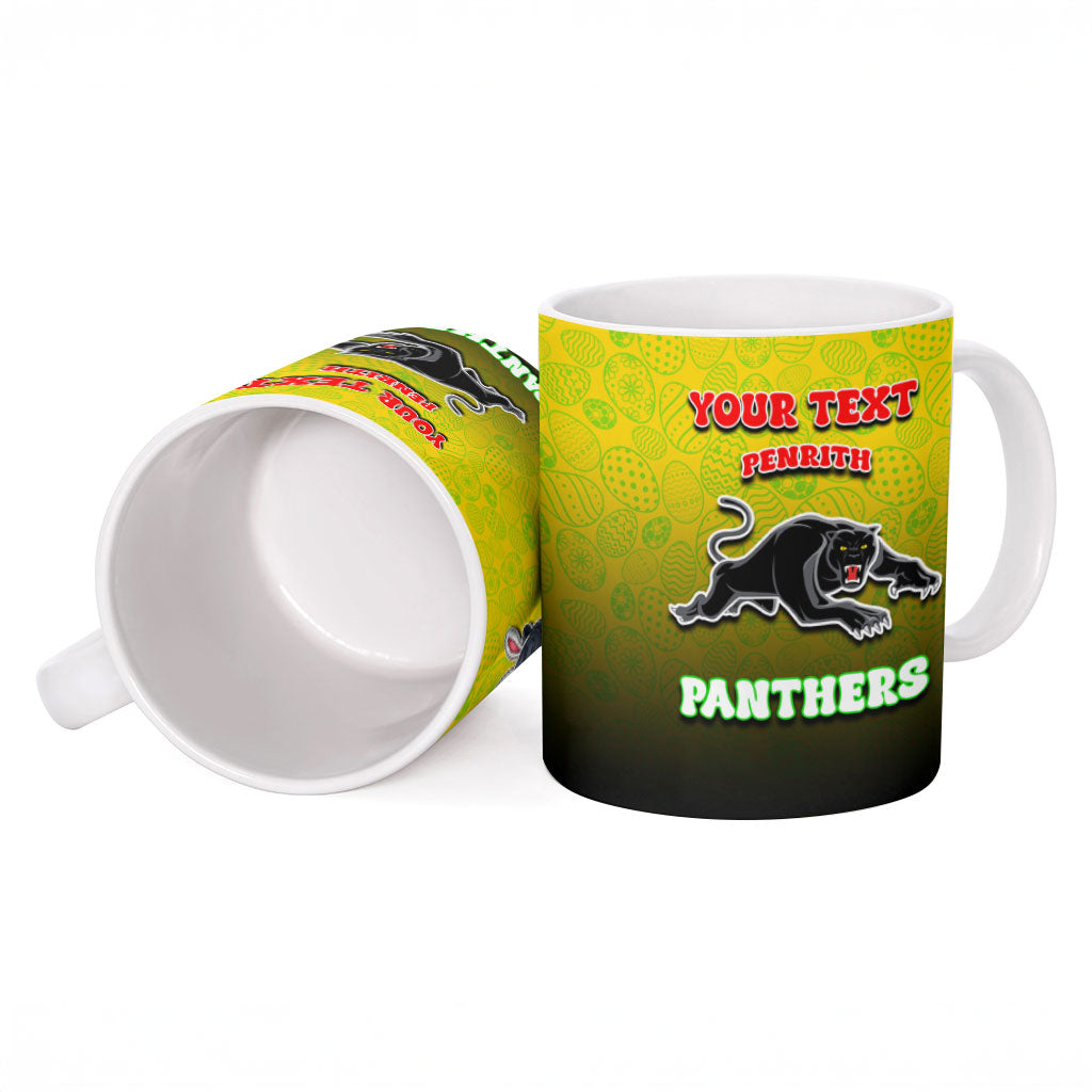 Personalized Penrith Panthers Ceramic Mug Easter Mascot - Colorful Eggs Cartoon Style