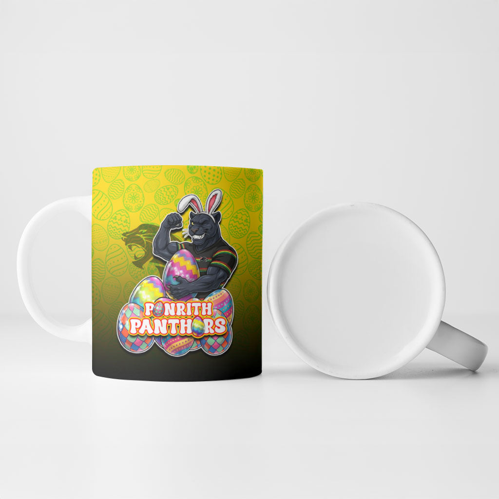 Personalized Penrith Panthers Ceramic Mug Easter Mascot - Colorful Eggs Cartoon Style