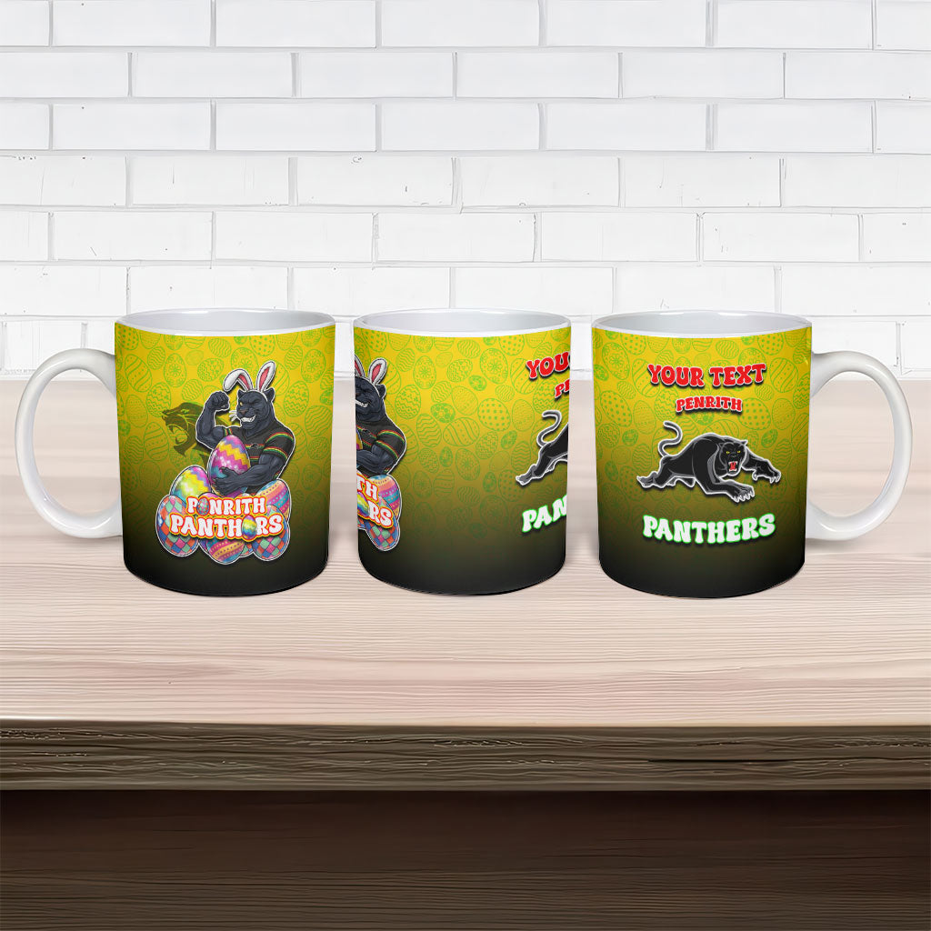 Personalized Penrith Panthers Ceramic Mug Easter Mascot - Colorful Eggs Cartoon Style