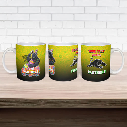 Personalized Penrith Panthers Ceramic Mug Easter Mascot - Colorful Eggs Cartoon Style