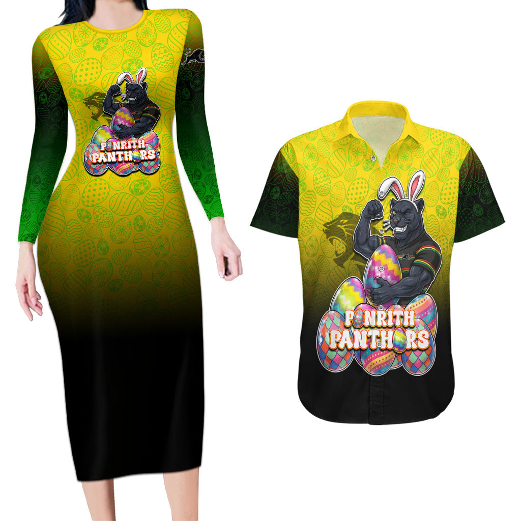 Personalized Penrith Panthers Couples Matching Long Sleeve Bodycon Dress and Hawaiian Shirt Easter Mascot - Colorful Eggs Cartoon Style