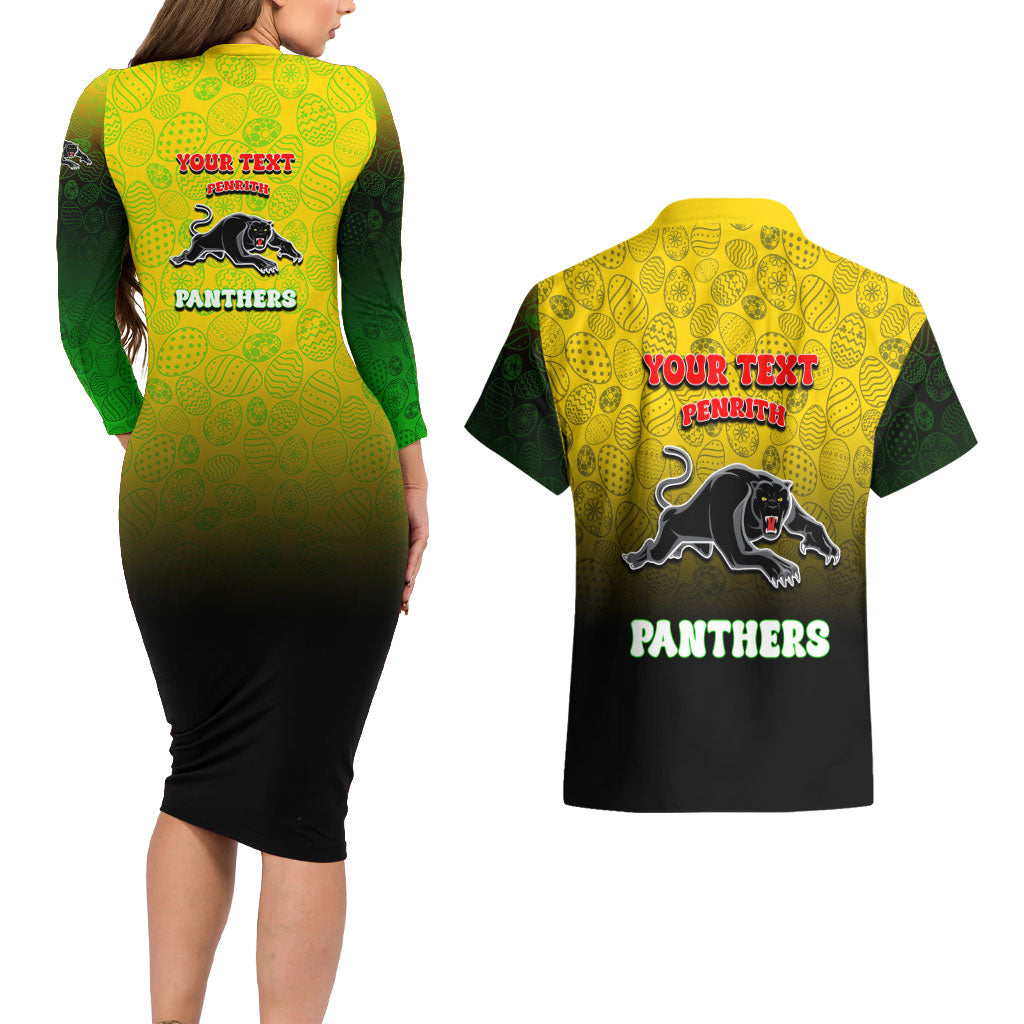 Personalized Penrith Panthers Couples Matching Long Sleeve Bodycon Dress and Hawaiian Shirt Easter Mascot - Colorful Eggs Cartoon Style