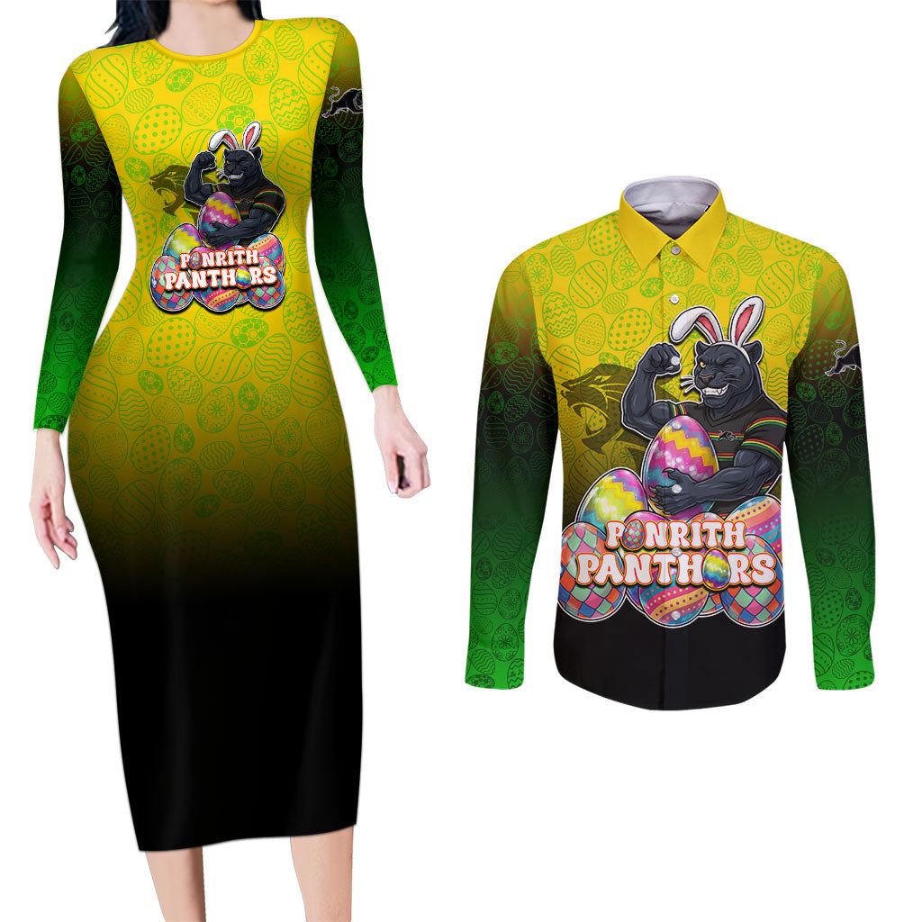 Personalized Penrith Panthers Couples Matching Long Sleeve Bodycon Dress and Long Sleeve Button Shirt Easter Mascot - Colorful Eggs Cartoon Style