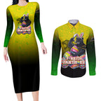 Personalized Penrith Panthers Couples Matching Long Sleeve Bodycon Dress and Long Sleeve Button Shirt Easter Mascot - Colorful Eggs Cartoon Style