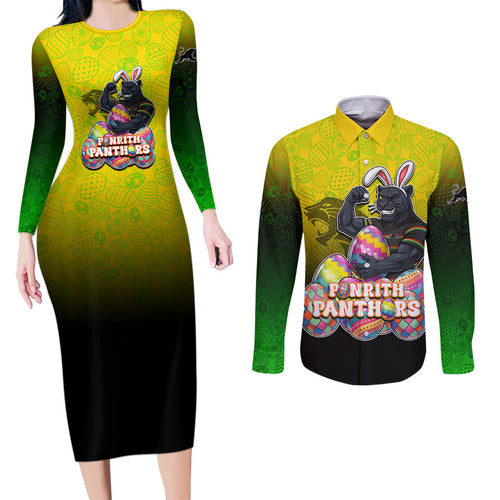 Personalized Penrith Panthers Couples Matching Long Sleeve Bodycon Dress and Long Sleeve Button Shirt Easter Mascot - Colorful Eggs Cartoon Style