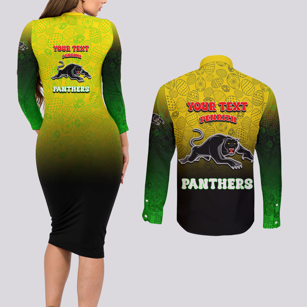 Personalized Penrith Panthers Couples Matching Long Sleeve Bodycon Dress and Long Sleeve Button Shirt Easter Mascot - Colorful Eggs Cartoon Style