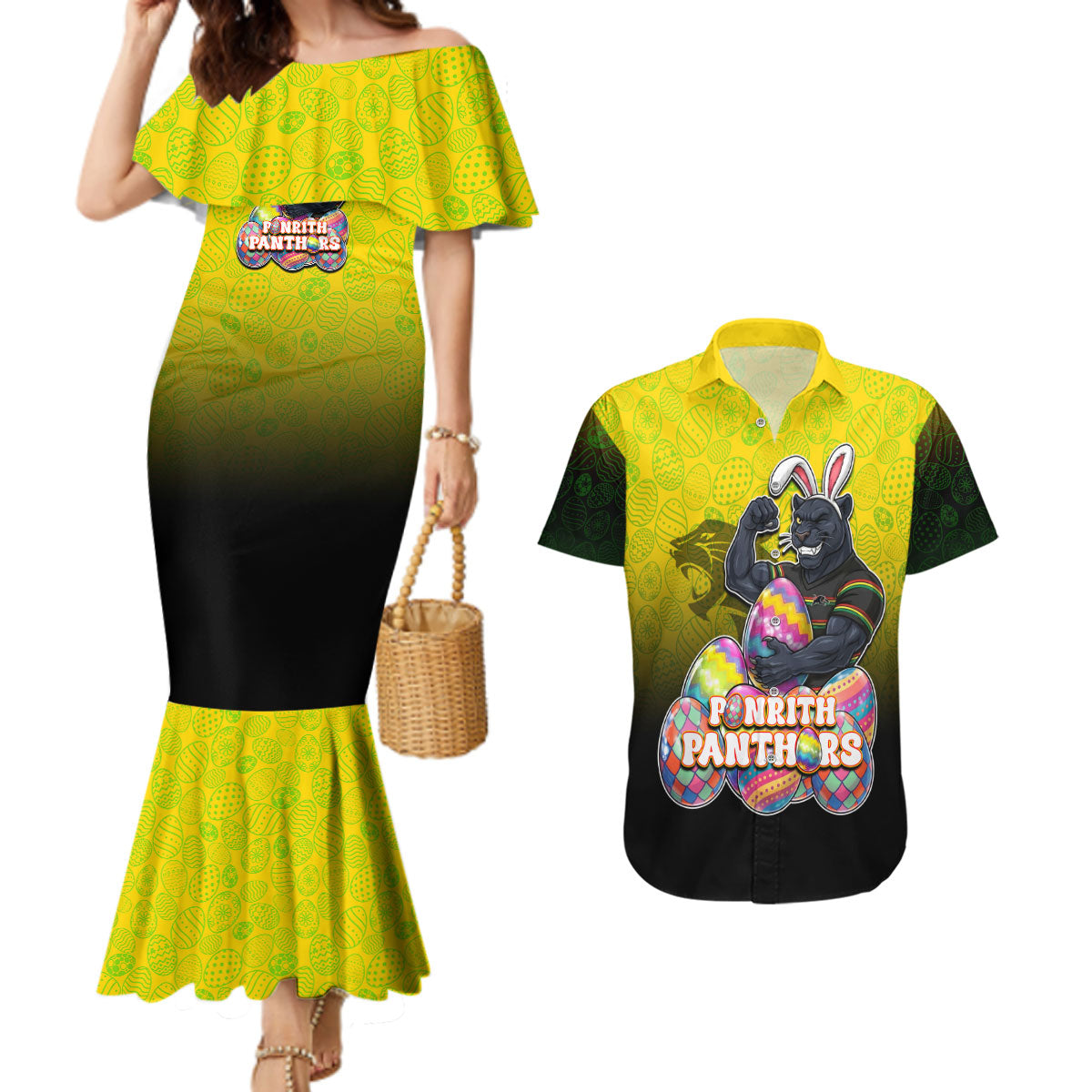 Personalized Penrith Panthers Couples Matching Mermaid Dress and Hawaiian Shirt Easter Mascot - Colorful Eggs Cartoon Style