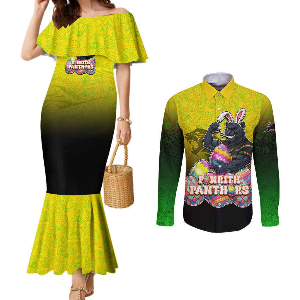 Personalized Penrith Panthers Couples Matching Mermaid Dress and Long Sleeve Button Shirt Easter Mascot - Colorful Eggs Cartoon Style